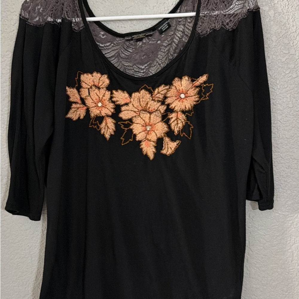 Miss Me Black Top with Orange Floral Embroidery